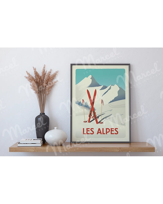 Affiche LES ALPES "Les Skis Rouges"