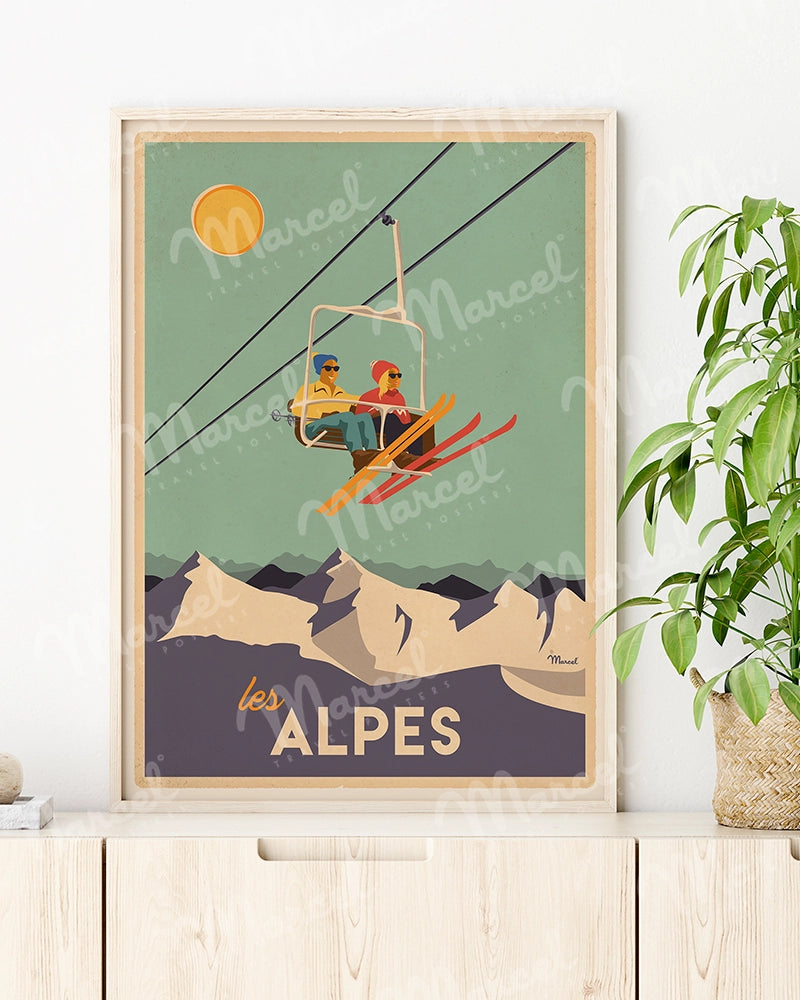 Affiche LES ALPES "Le Télésiège"