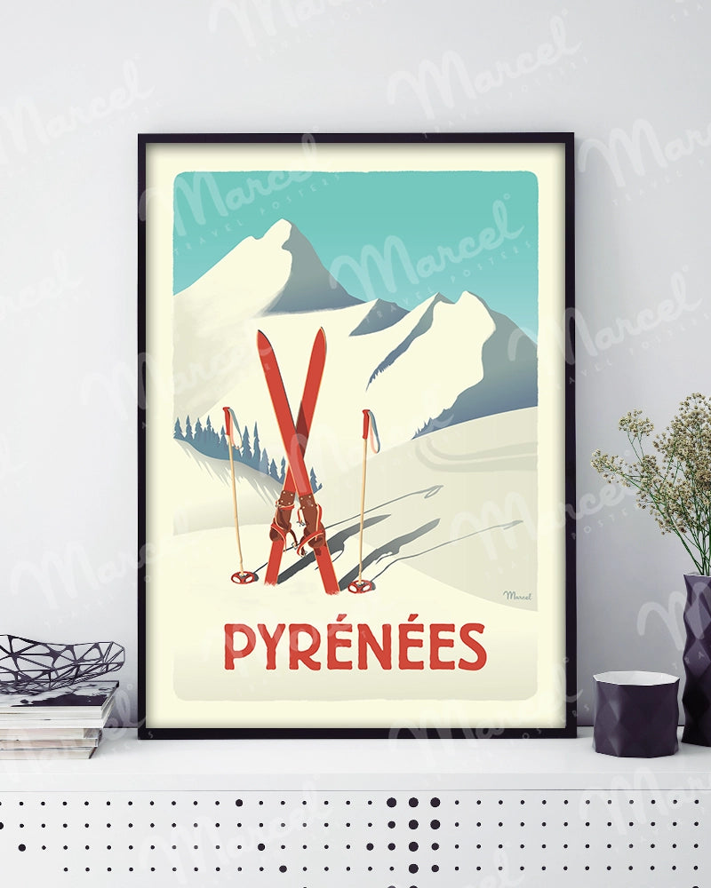 Affiche PYRÉNÉES "Les Skis Rouges"
