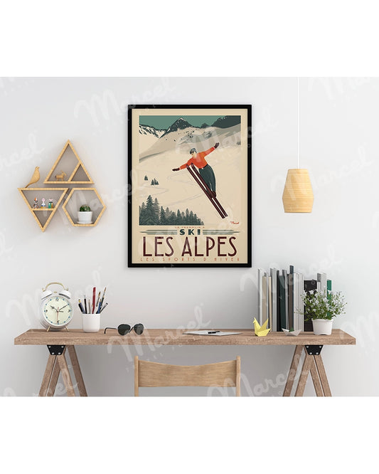 Affiche LES ALPES "Tremplin à ski"