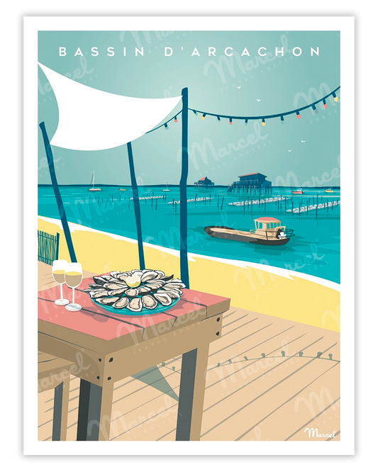Affiche BASSIN D'ARCACHON "Huîtres et Cabanes"