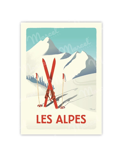 Postcard THE ALPS "Red Skis"