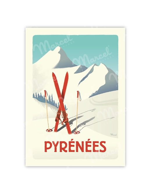 Postcard THE PYRENEES ''The Red Skis''