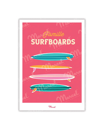 Travel Color Postcard "Surfboards Family"