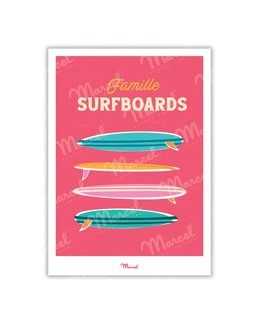 Travel Color Postcard "Surfboards Family"