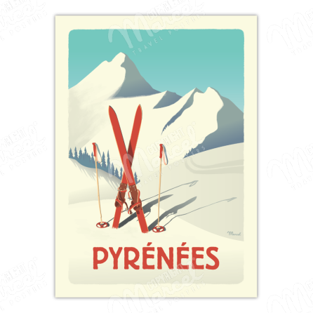 Affiche PYRÉNÉES "Les Skis Rouges"