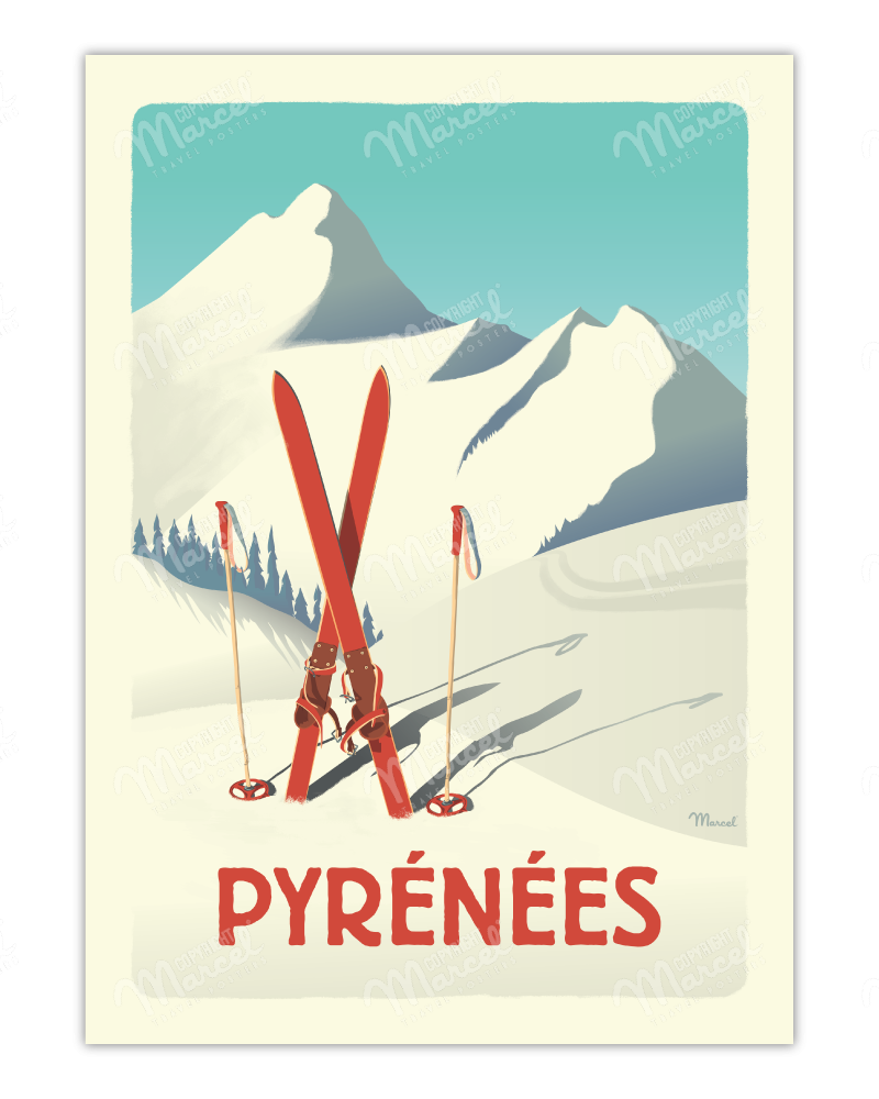 Affiche PYRÉNÉES "Les Skis Rouges"