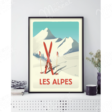 Affiche LES ALPES "Les Skis Rouges"