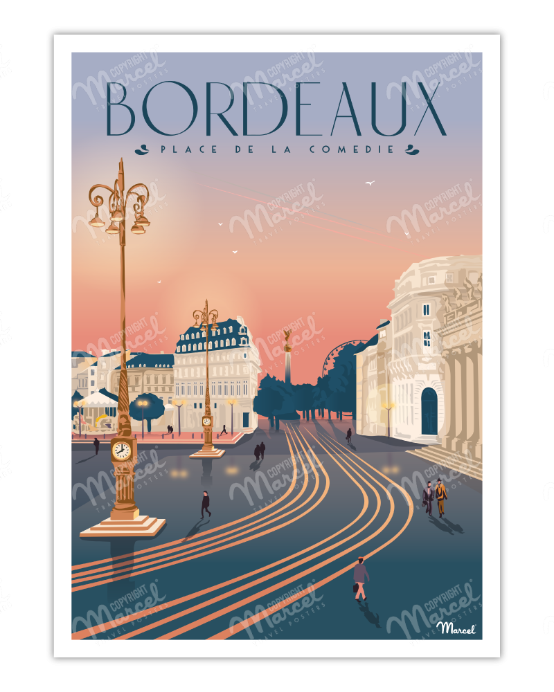 Affiche vintage Bordeaux Place de la Comédie - Marcel Travel