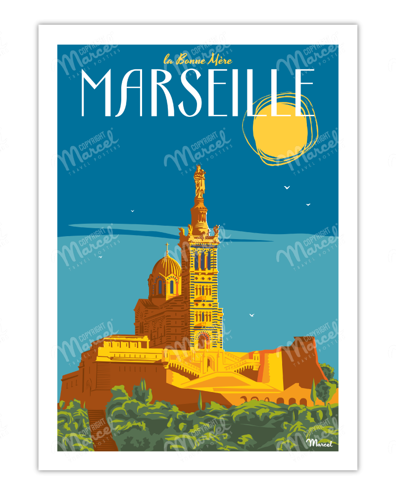 Photo Marseille Noir et Blanc Le Vieux Port et Notre Dame de la Garde  Photographie Paysage Affiche Poster Décoration -  France