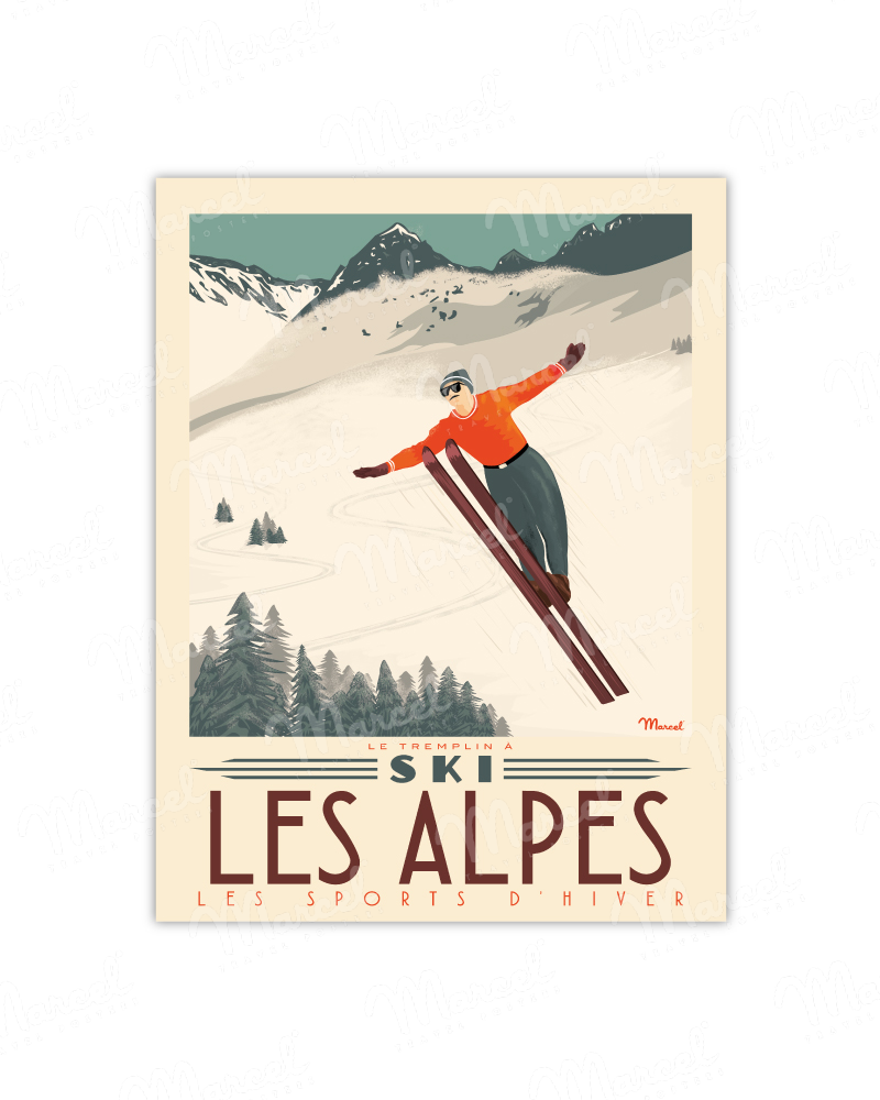 Affiche LES ALPES "Tremplin à ski"