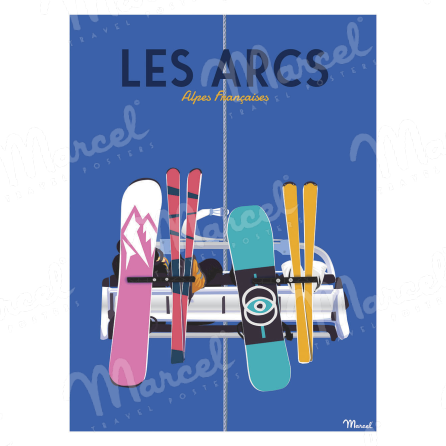 Affiche LES ARCS "Ski Colors Télésiège"