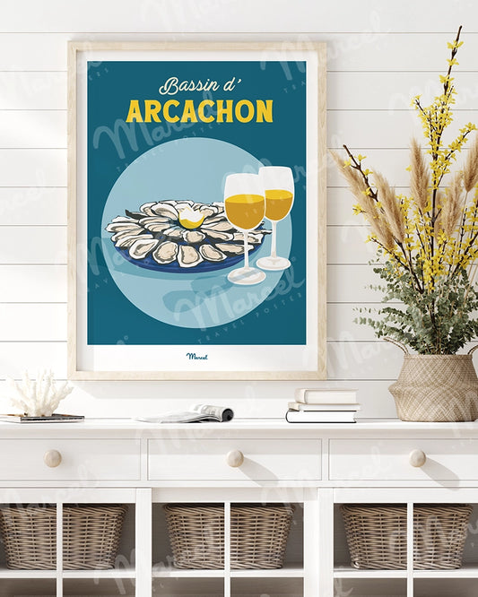 Affiche Travel Color ARCACHON "Huitres et Vin blanc"