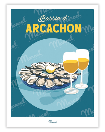 Affiche Travel Color ARCACHON "Huitres et Vin blanc"