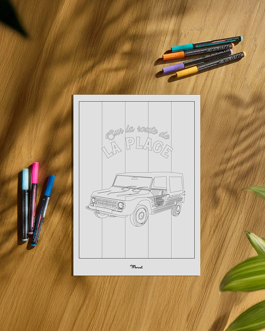 Carte Postale A5 à colorier "Sur la Route de la plage en Méhari"