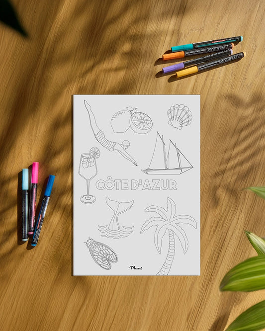 Carte Postale A5 à colorier CÔTE D'AZUR "Mix"